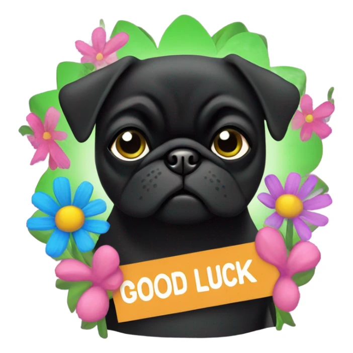 Black pug , surrounded by flowers, holding a green sign that says “good luck”  sticker