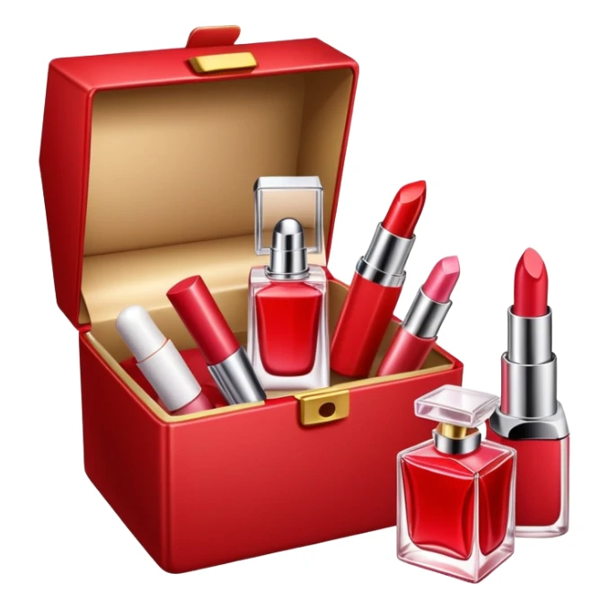 an opened box with a few beauty items such as lipstick and perfume sticker