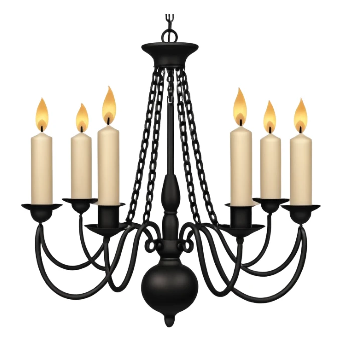 Simple minimalistic hanging chained black Ceiling chandelier with beige-white candles sticker