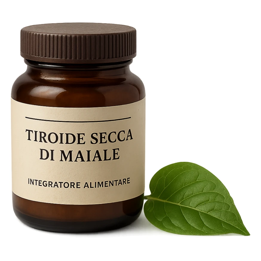 supplement jar labeled 'Tiroide Secca di Maiale' next to a green leaf suggesting natural origin, isolated on white, neutral light, hyperrealistic 4K sticker