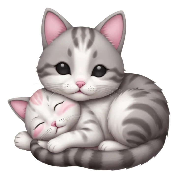 grey and white small cat with eyes closed lying down upside down tightly hugging its own face sticker
