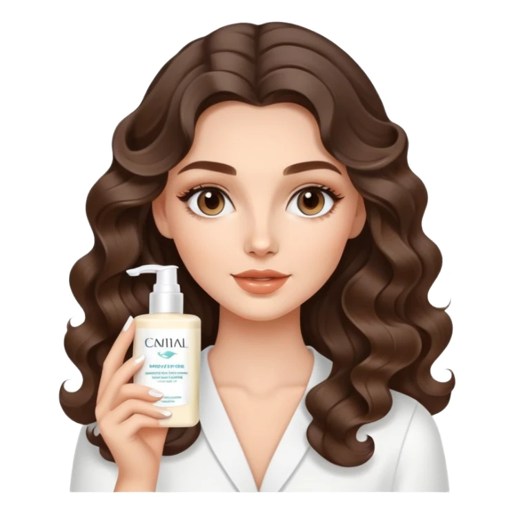 beautiful brunette with a light balayage white girl with nice curls/defined waves, very long hair, clean girl makeup APPLYING A FACE CREAM FOR SKINCARE sticker