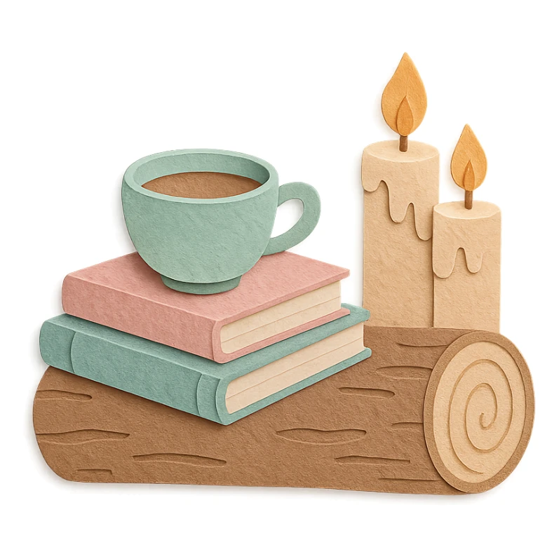 a log with tea, books, and candles, soft forest journaling mood, soft pastel colors, paper-craft style sticker