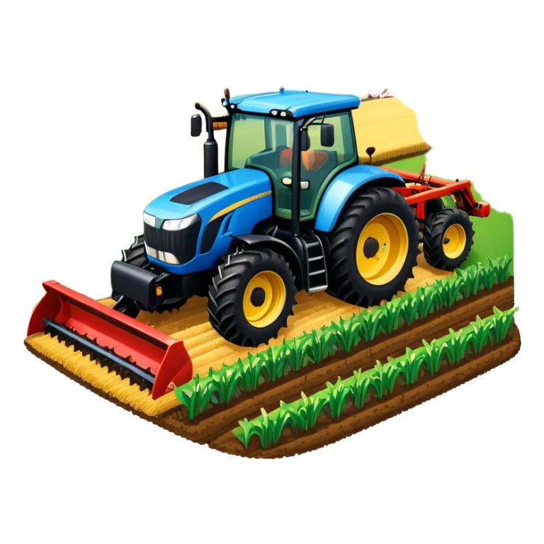 An icon representing a Farming Simulator 22, with a detailed tractor, plowing fields under a bright sky with a colorful rural landscape. The design includes farming tools, crops and barns, symbolizing the immersive experience of managing a farm. Transparent background. sticker