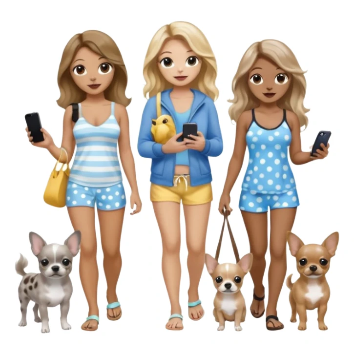 Three pretty women in beach clothes walking 2 dogs, blue and gray spotted Merle Frenchie and walking a black and tan chihuahua puppy, holding iPhone, hazel eyed light skin with dark blonde long hair and light light skin hazel eyed long wavy brown hair, blue eyed light skin long blonde hair  sticker