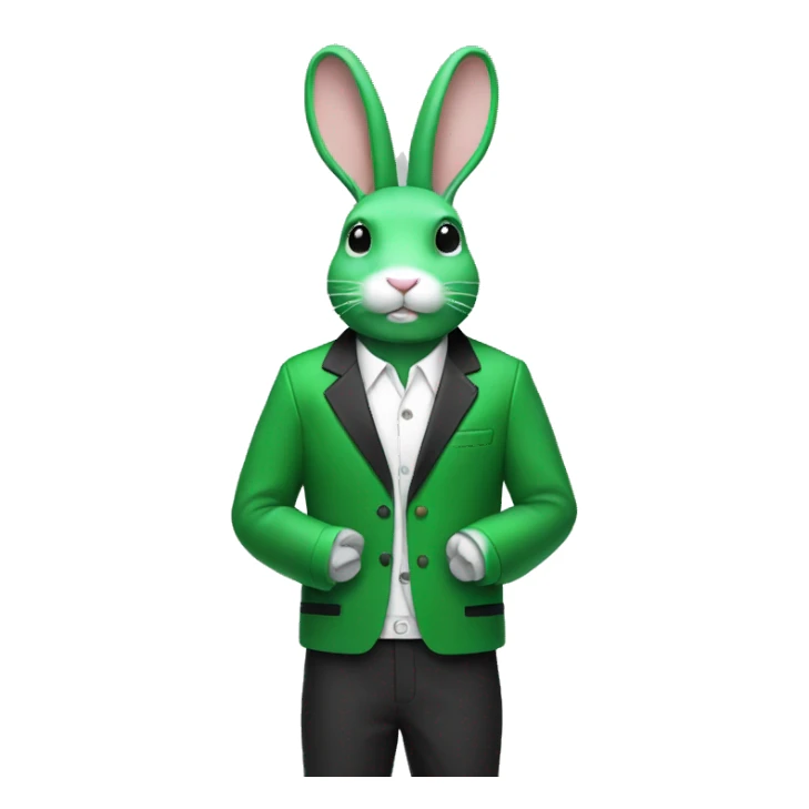 Green rabbit with white strings on jacket with the jacket being black and white.  sticker
