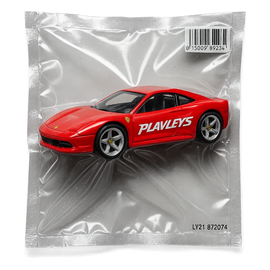 red Ferrari in Hot Wheels packaging, 'PLAVLEYS' in stylized racing script on the door, glossy vacuum-sealed style sticker