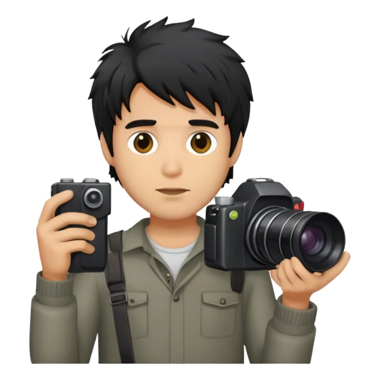 a man with black messy hair with a camera sticker