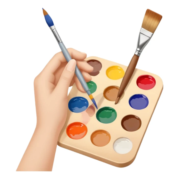 hands holding a paintbrush and palette, simple and friendly sticker