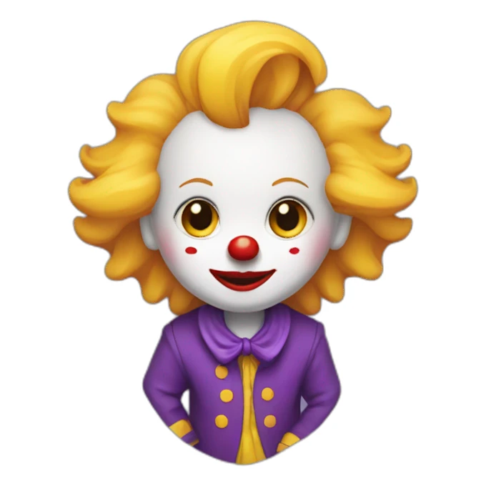 child clown with yellow hair, white complexion with red cheeks, arched black eyebrows and purple jacket sticker