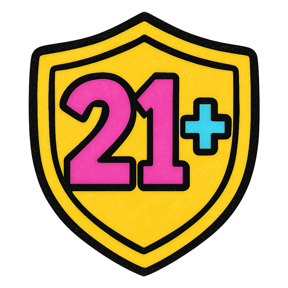 shield-shaped icon with '21+' in large, playful font, pop colors style sticker
