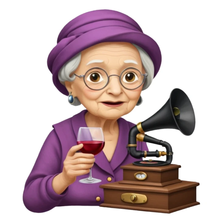 old lady with wineglass listening to gramophone sticker