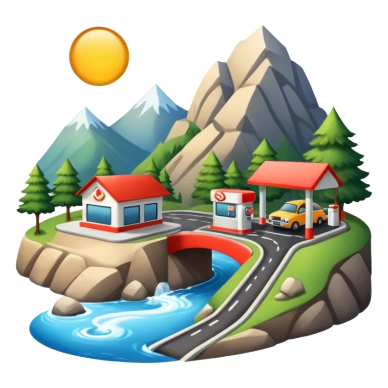 a road in a mountain with a river and a gas station sticker