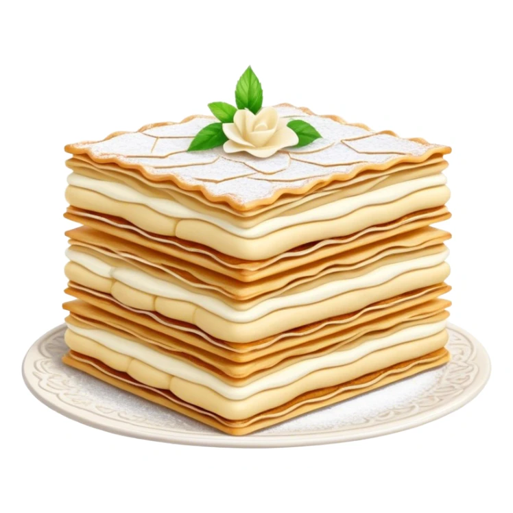 Cinematic delicate mille-feuille, thin crispy pastry layers filled with smooth vanilla cream, dusted with powdered sugar, elegant presentation, highly detailed and sophisticated. sticker
