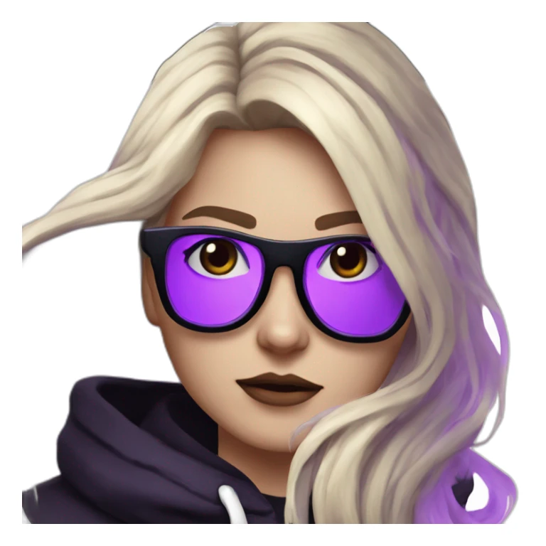 Girl blond artist with round glasses left side behind his laptop with this style: valorant riot Game purple character purple black hooded hacker themed character sticker