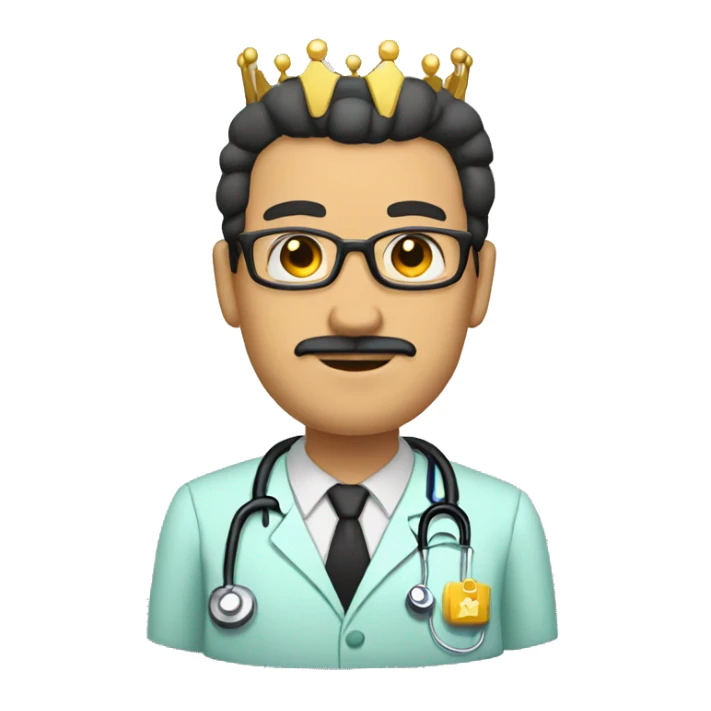 Bald tan male doctor with a crown and black beard and a crown sticker