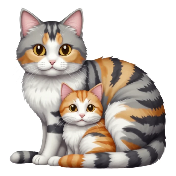 full body colourful light patched calico + white tabby cat cuddling a big grey and white tabby cat  sticker