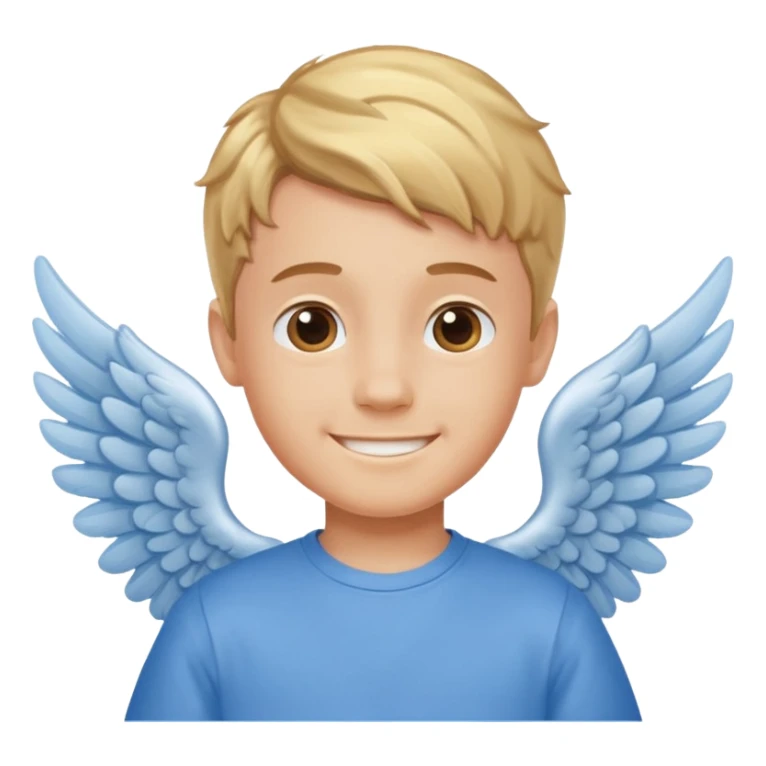 smiling boy in blue shirt with angel wings sticker