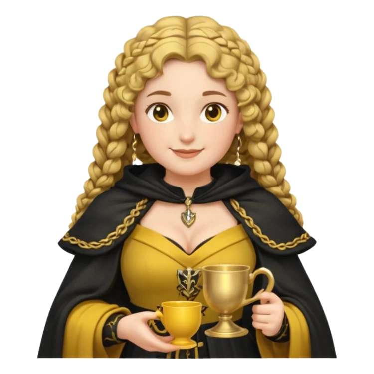Helga Hufflepuff, 2 curly thick brown braids, yellow-black medieval dress, black cloak decorated with gold braiding, tiny two-handled shiny yellow-gold cup, very kind smile, curvy busty sweet woman, thick rosy cheeks sticker