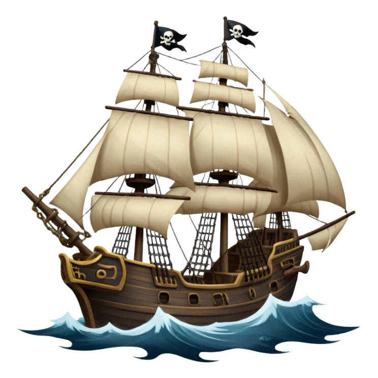 An icon representing an adventure game, inspired by high-seas exploration. The design features a fearless pirate gripping the wheel of a grand sailing ship, its tattered Jolly Roger flag billowing as it cuts through stormy waters. The scene evokes danger, treasure, and the thrill of the open sea. Transparent background. sticker