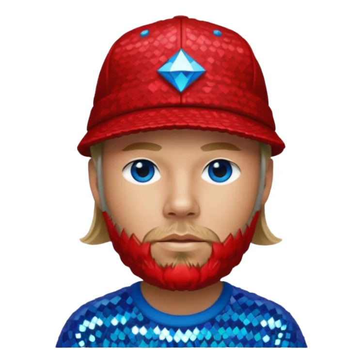 Fred Durst with long dark blonde hair, red sequin shirt and hat, blue eye sticker