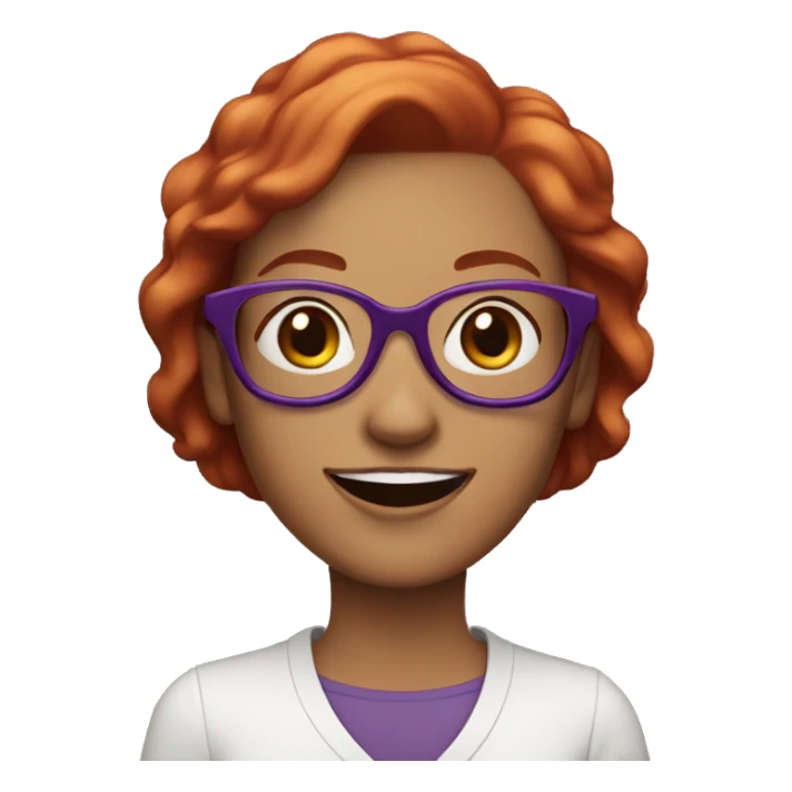 Woman with short, red hair, very light skin, smiling with teeth visible, and wearing round purple glasses sticker
