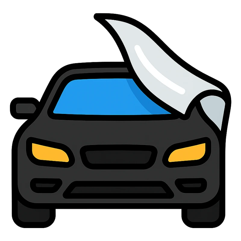 icon of a high-end black car partially covered by a rolled transparent or light gray film, glossy black as main color, film with curved effect to suggest adhesion, modern and clean style, no text sticker