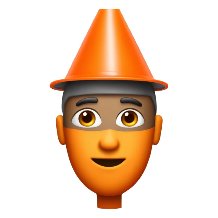 Guy with a traffic orange cone on his head and his eyes sticker
