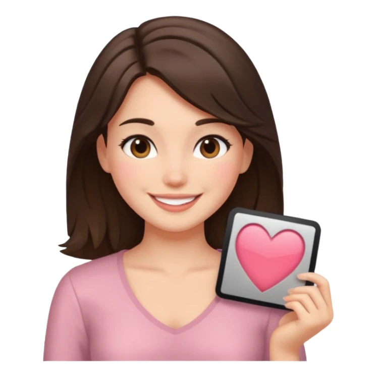 Brunette girl with chest length hair and blushh sticker