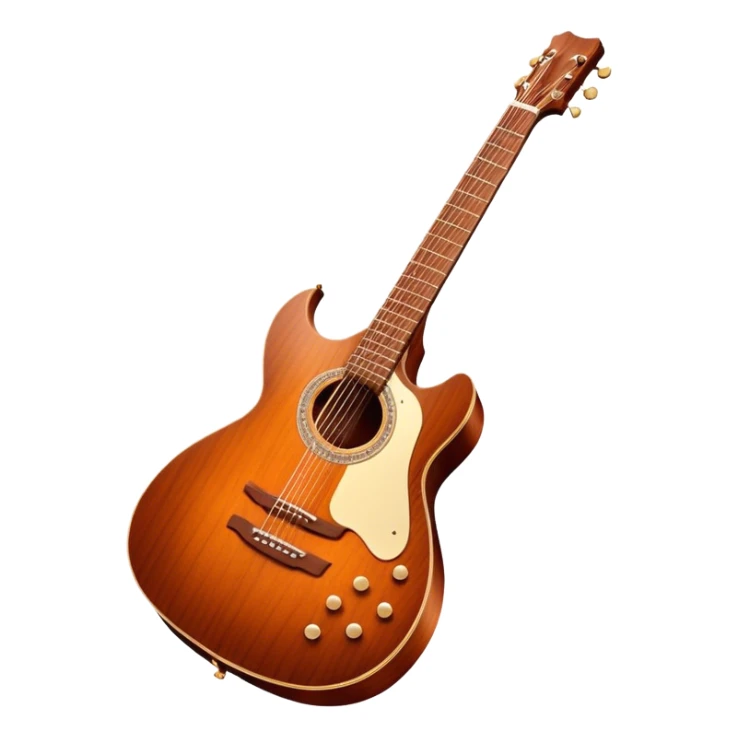 Cinematic Realistic Guitar, smooth mahogany body with deep wood grain, metal strings catching soft reflections, intricate tuning pegs gleaming subtly, warm light accentuating the contours, glowing with the warmth of music and craftsmanship. sticker