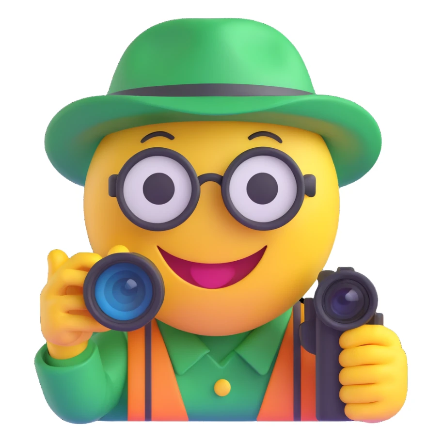 3D smiley emoji, round shape, hunter wearing green hat, holding binoculars, smiling face sticker