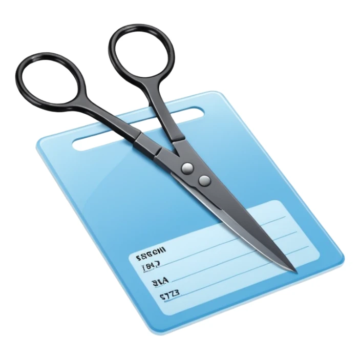 Floating black Scissors cutting a light blue idf ID card in 2 parts .hyper realistic sticker