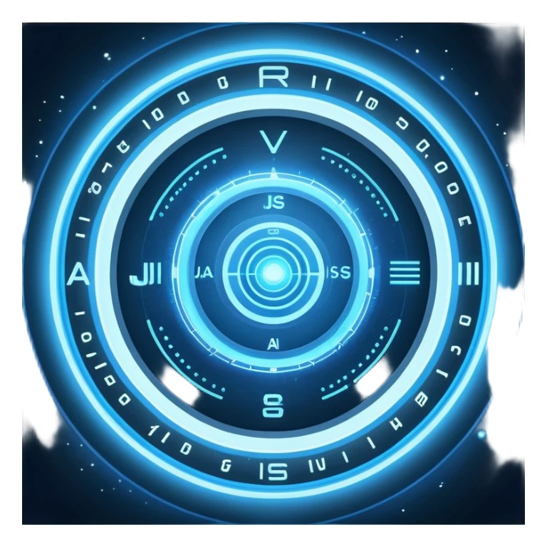 A circular blue holographic interface made of concentric rings, glowing tick marks, and data arcs, with the text “J.A.R.V.I.S.” centered, resembling a futuristic digital HUD floating in space. sticker