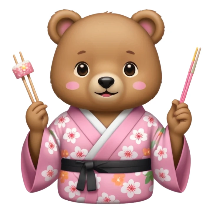 A cute light-brown bear wearing a pastel pink sakura-patterned kimono, normal balanced body ratio. 
Happily eating sushi with chopsticks, excited sparkling eyes. 
Kawaii emoji style, minimalistic clean sticker illustration, white background.
 sticker