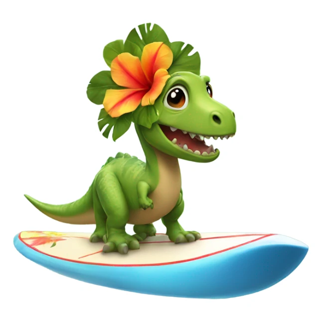 Dinosaur on a surfboard with a Hawaiian flower on its head sticker