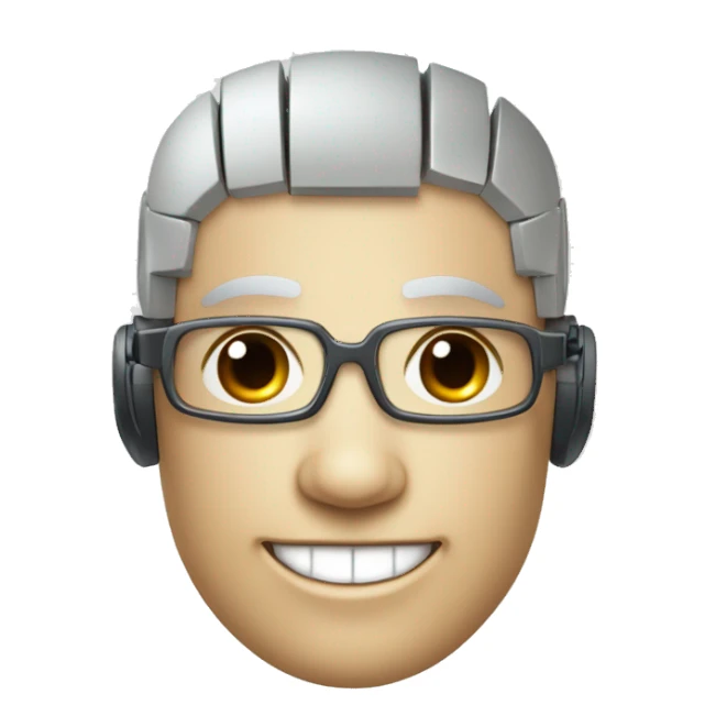 Robotic Cyborg head with fair skin, flat top haircut, rectangular glasses, circuits and smiling  sticker