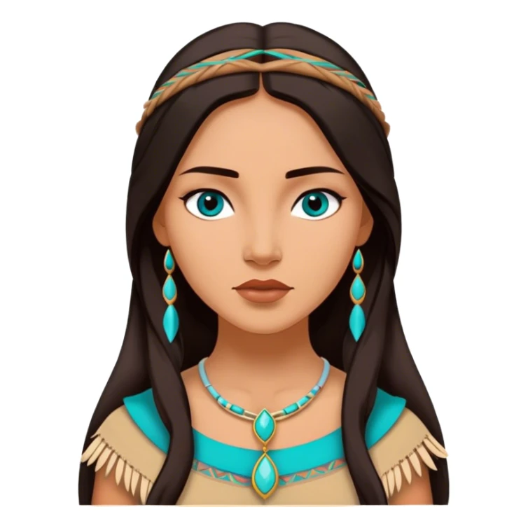 Cinematic Elegant Pocahontas Portrait Emoji, rendered in a realistic, vector-style with minimal shading and bold, simplified shapes. Depict Pocahontas (chest and above) with warm, sun-kissed skin, long, flowing dark hair, and gentle, wise eyes, wearing traditional attire in earthy tones with hints of turquoise. The image glows with a soft, natural radiance and high shine, embodying timeless indigenous beauty. sticker