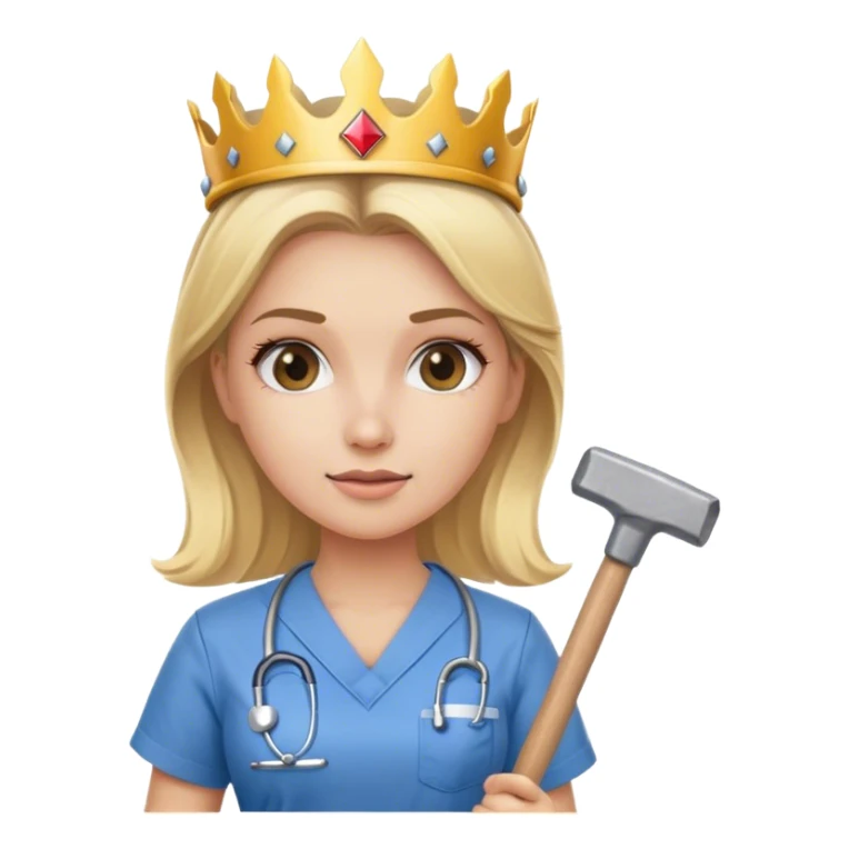 blond nurse girl wearing scrubs with a crown and a sledge hammer sticker