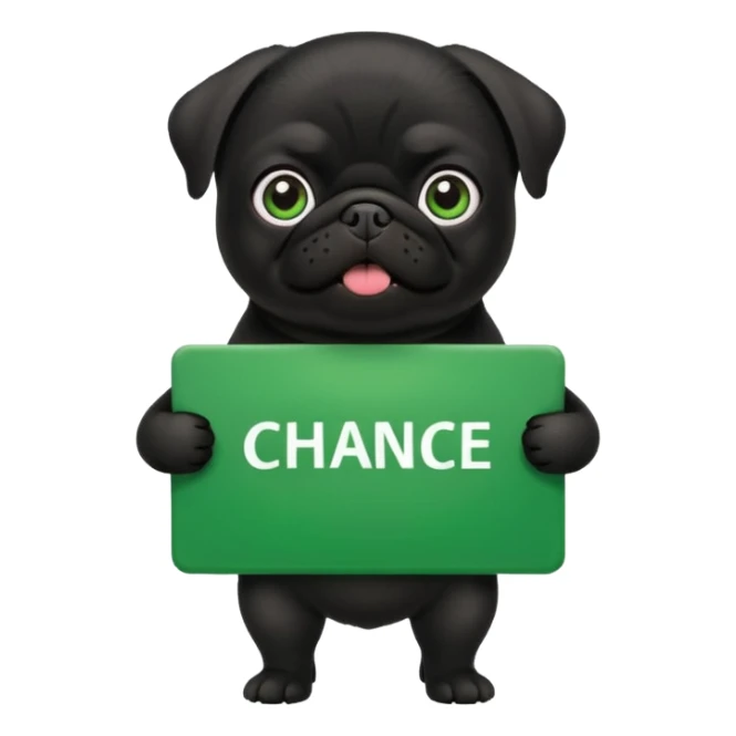black pug holding a green sign with the text 'Chance' sticker