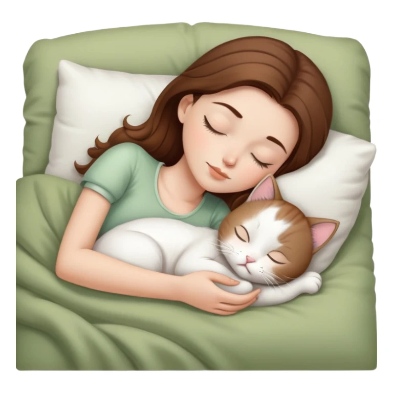 White girl brown hair sleeping with white kitty at pale olive bed sticker