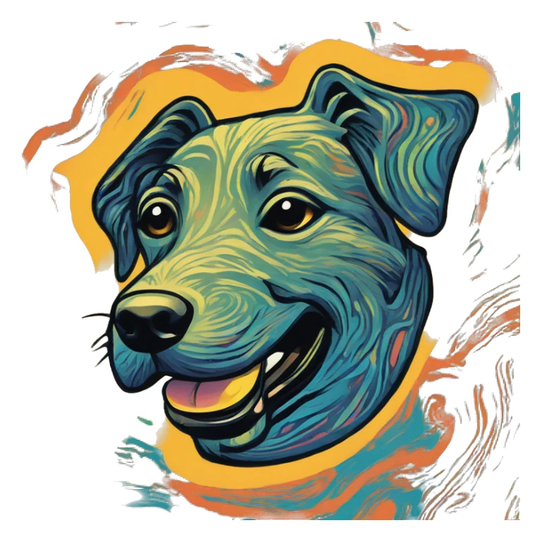 Abstract quirky funky made of different shapes dog running and squiggles linocut multicoloured illustrations  sticker