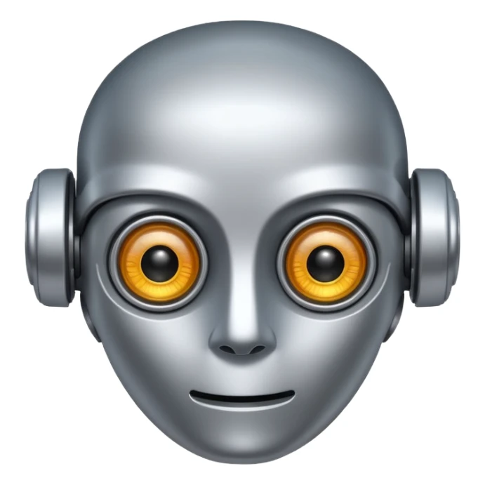 A friendly robot face with innocent eyes and an uncovered brain sticker