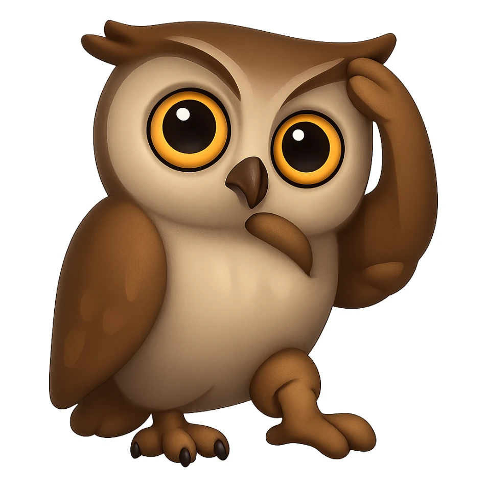 В стилистике эмоджи сгенерируй сову, на задумчиво, подпирает крылом голову, а другим чешет голову, прозрачный фон sticker