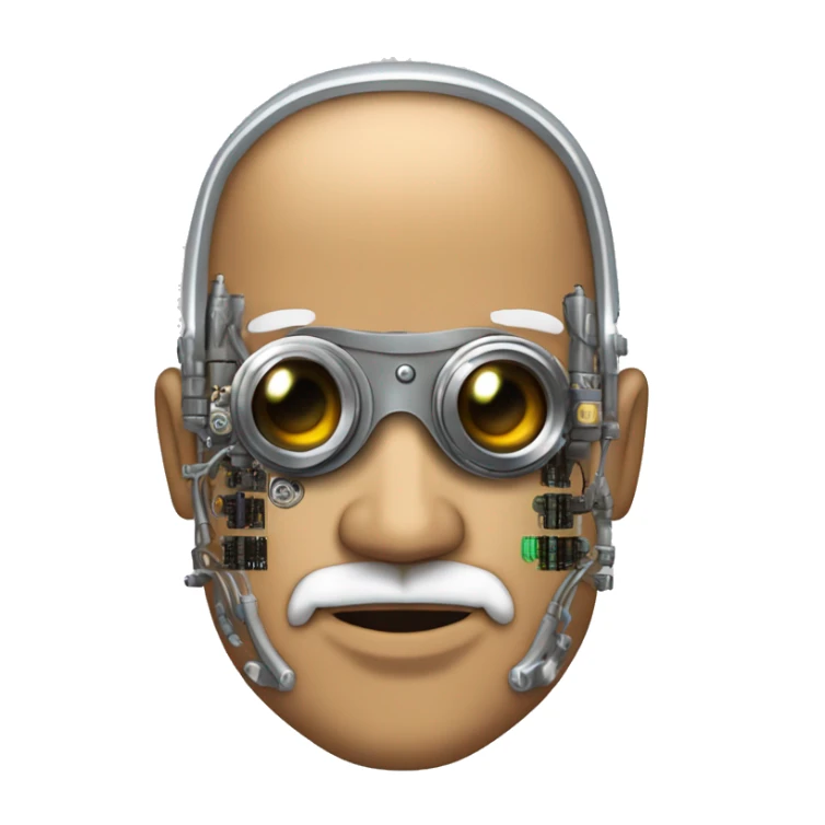 Tan bald male Latino cyborg head with grey beard, silver steampunk monocle goggles and circuits sticker