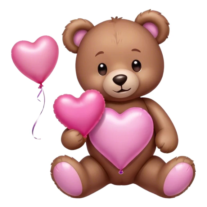 Adorable Plush brown teddy bear holding an inflatable metallic pink heart-shaped balloon in his paw and love letter of the color pink sticker