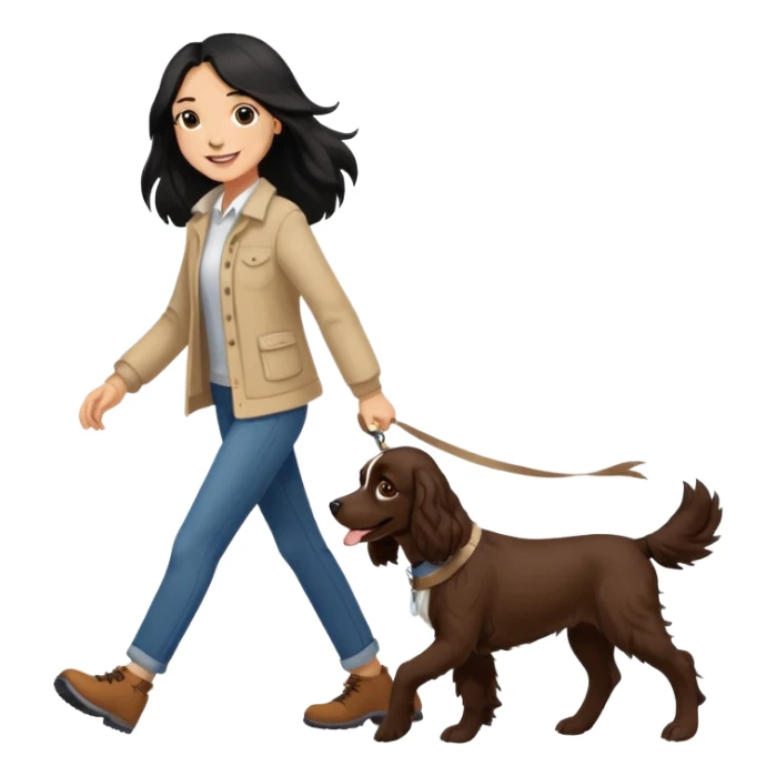 A girl with long black hair walks a brown springer spaniel sticker