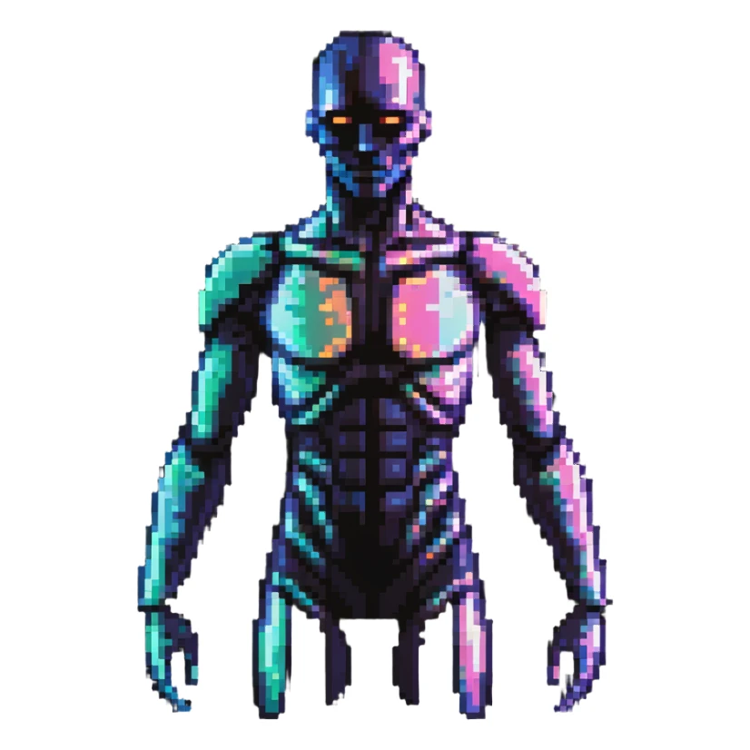 Pixelated future human with neon highlights, tech-enhanced body, and holographic elements sticker
