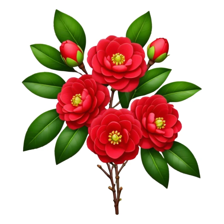 bouquet Red Camellia, luxuriant, stem, leaf, bud sticker