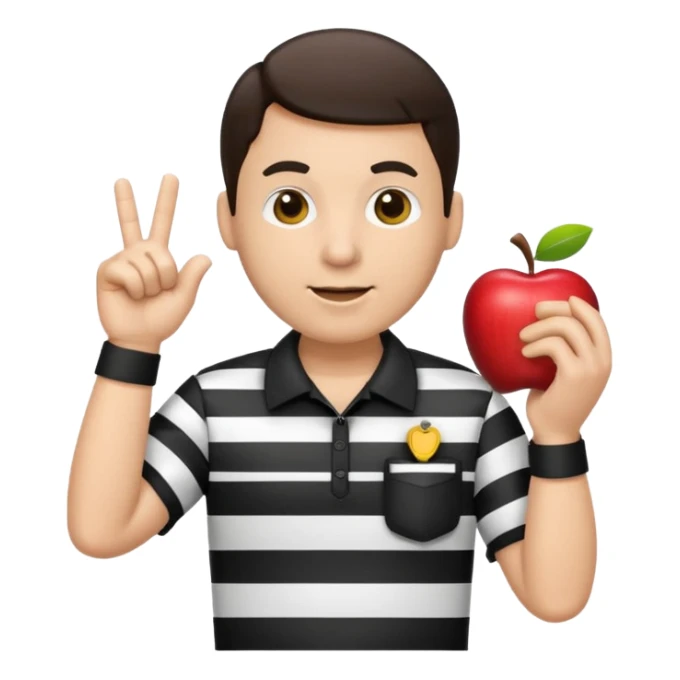 referee emoji, apple style, making hand signal, black and white striped shirt, whistle sticker