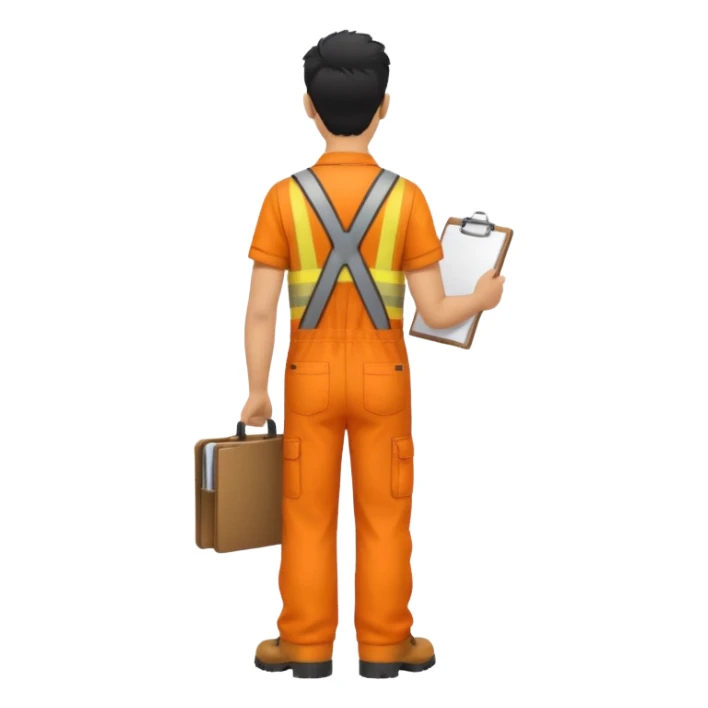 Indian male railway engineer orange overalls, boots holding a clipboard back view sticker